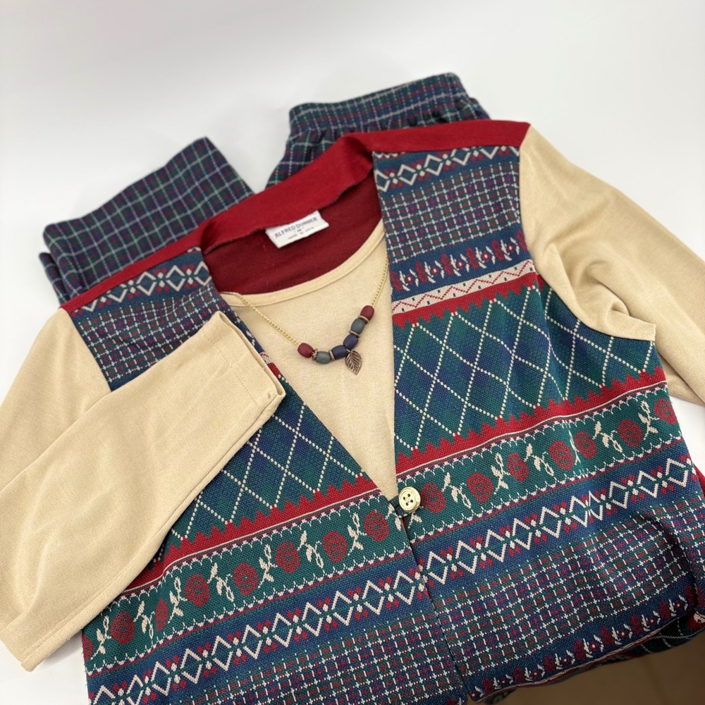 Alfred‎ Dunner Women's 2 Piece Outfit Vest Sweater Pants Plaid Blue Red M 12 USA
